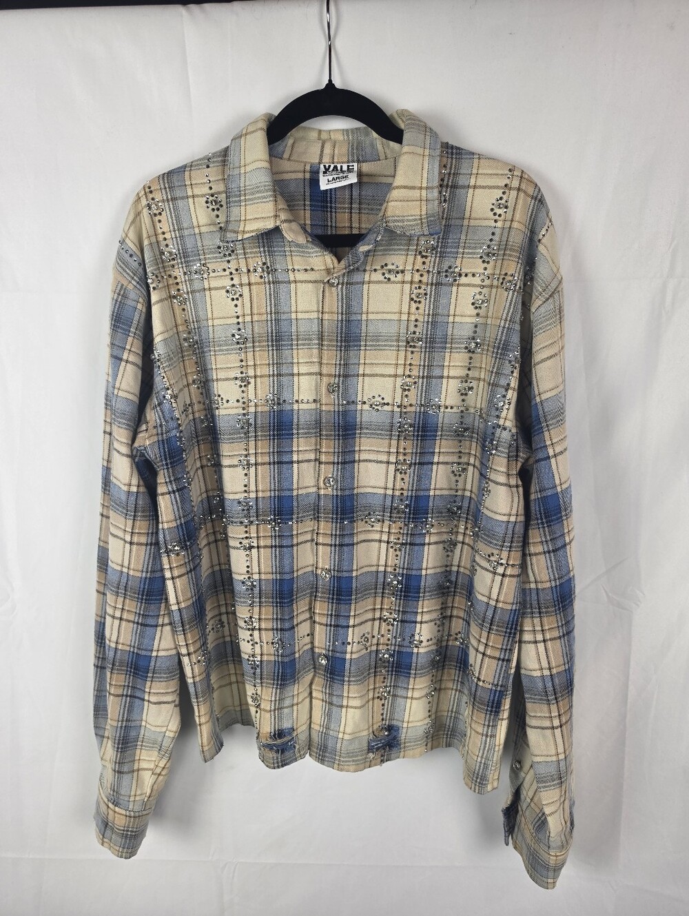 VALE Forever Skyfall Rhinestone Flannel Shirt Men's Large Cream Blue Streetwear